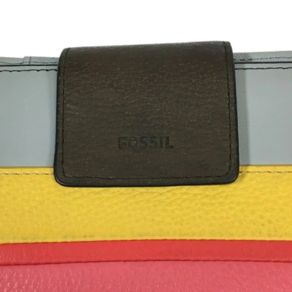 FOSSIL Colorblock Leather Wallet Credit Card Clutch Gray Peach Red & Yellow